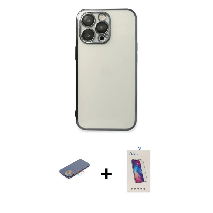 MARSİLYAN™- iPhone 13 Pro Max Kılıf Vadi Minimal - Siyah Joko 5D Cam + Pembe Renkli Kamera Lens Koruma Cam