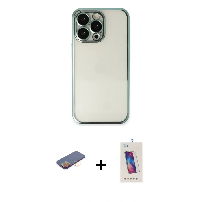 MARSİLYAN™- iPhone 13 Pro Max Kılıf Vadi Minimal - Siyah Joko 5D Cam + Renkli Kamera Lens Koruma Cam - TU
