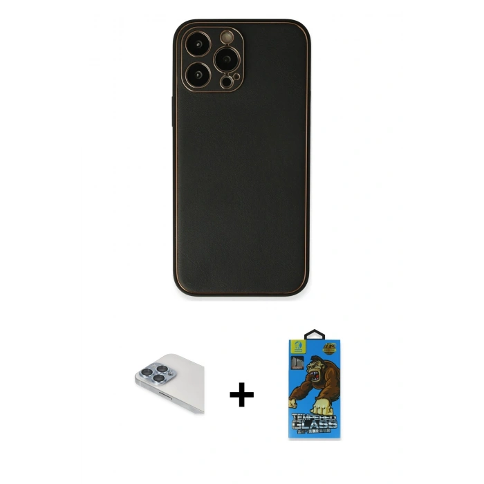 MARSİLYAN™- iPhone 13 Pro Max Kılıf Yadigar Klasik - Siyah 18D Cam Ekran Koruyucu + Pers Alüminyum Kamera Lens - SABE