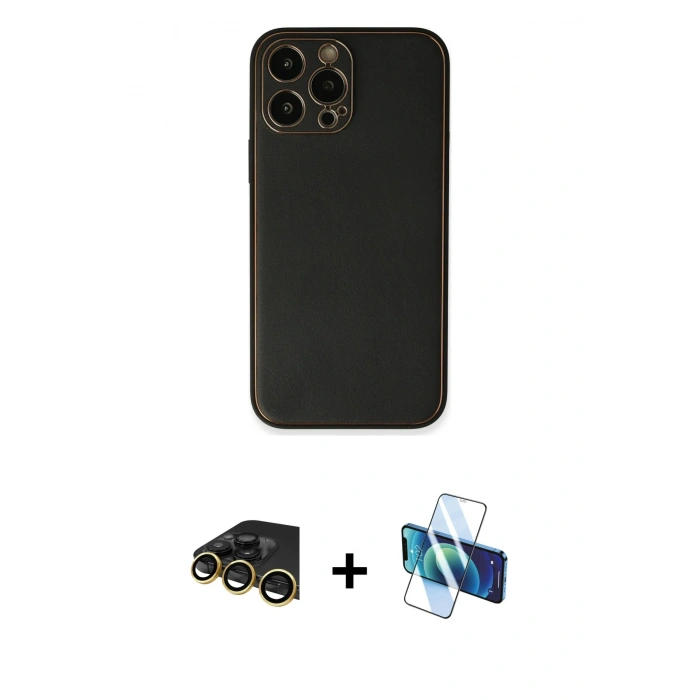 MARSİLYAN™- iPhone 13 Pro Max Kılıf Yadigar Klasik - Siyah 3D Antistatik Cam Ekran Koruyucu + Raze Metal Kamera Lens - GD