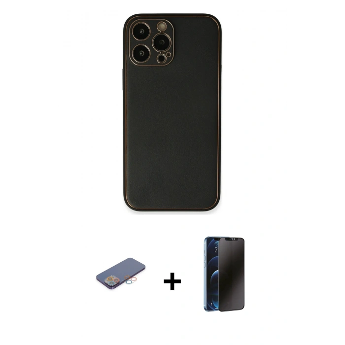 MARSİLYAN™- iPhone 13 Pro Max Kılıf Yadigar Klasik - Siyah 3D Antistatik Hayalet Cam Ekran Koruyucu + Renkli Kamera Lens Koruma Cam - PE