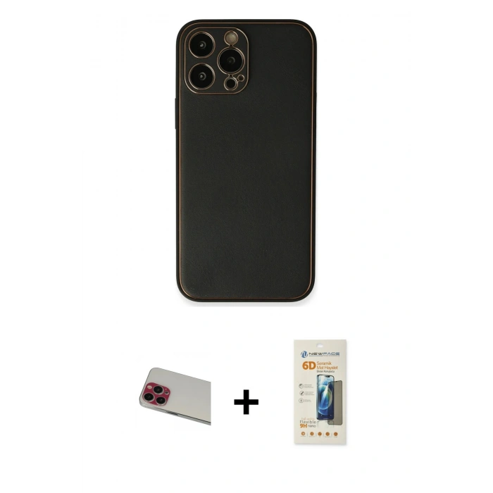MARSİLYAN™- iPhone 13 Pro Max Kılıf Yadigar Klasik - Siyah 6D Mat Seramik Hayalet Nano Ekran Koruyucu + Kırmızı Rainbow Kamera Lens Koruma Cam