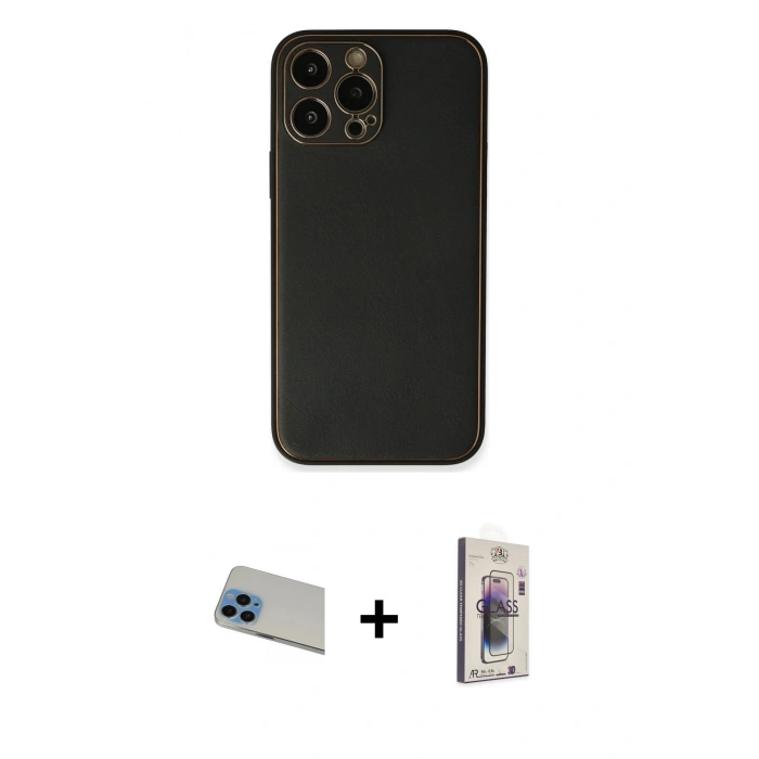MARSİLYAN™- iPhone 13 Pro Max Kılıf Yadigar Klasik - Siyah Bilvis 3D Cam Ekran Koruyucu + Rainbow Kamera Lens Koruma Cam - MI