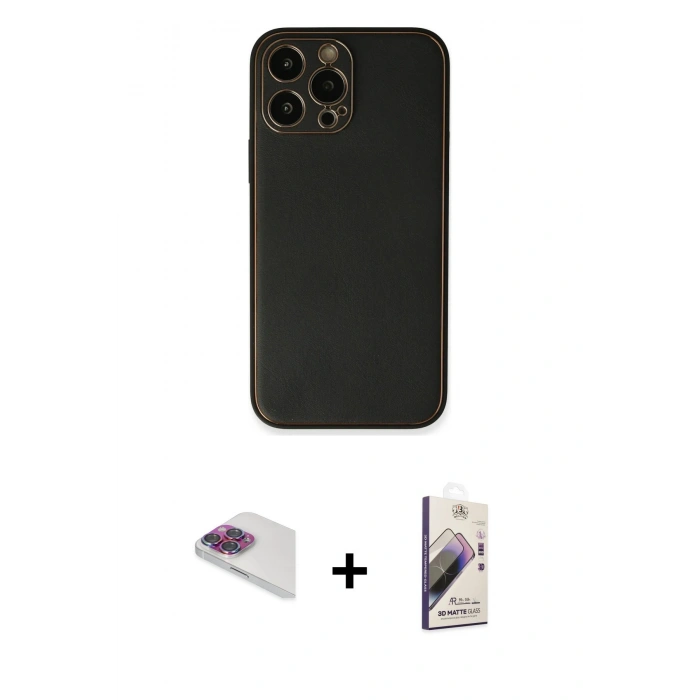 MARSİLYAN™- iPhone 13 Pro Max Kılıf Yadigar Klasik - Siyah Bilvis 3D Mat Cam Ekran Koruyucu + Gökkuşağı Pers Alüminyum Kamera Lens