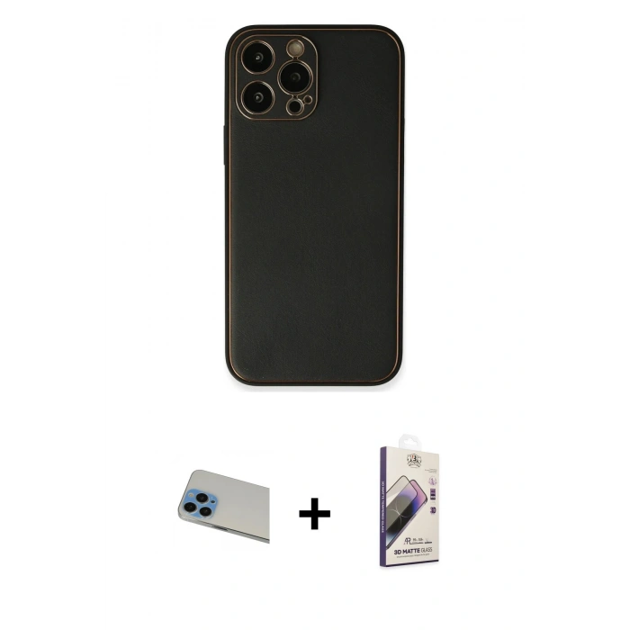 MARSİLYAN™- iPhone 13 Pro Max Kılıf Yadigar Klasik - Siyah Bilvis 3D Mat Cam Ekran Koruyucu + Mavi Rainbow Kamera Lens Koruma Cam
