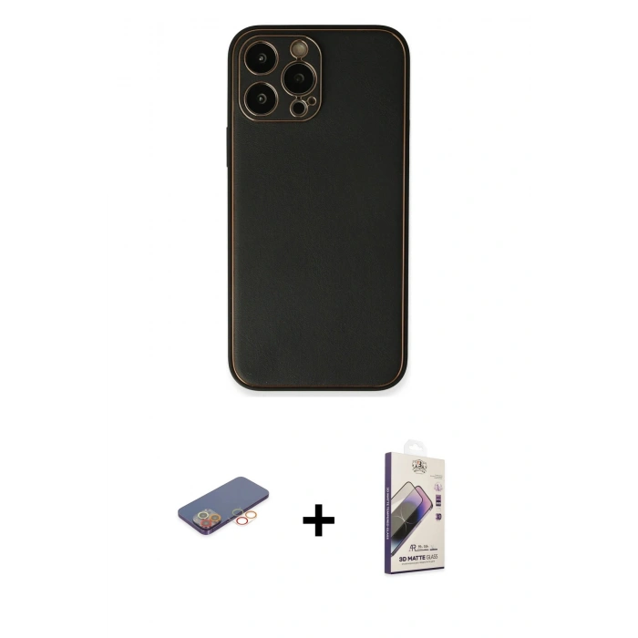 MARSİLYAN™- iPhone 13 Pro Max Kılıf Yadigar Klasik - Siyah Bilvis 3D Mat Cam Ekran Koruyucu + Renkli Kamera Lens Koruma Cam - TU
