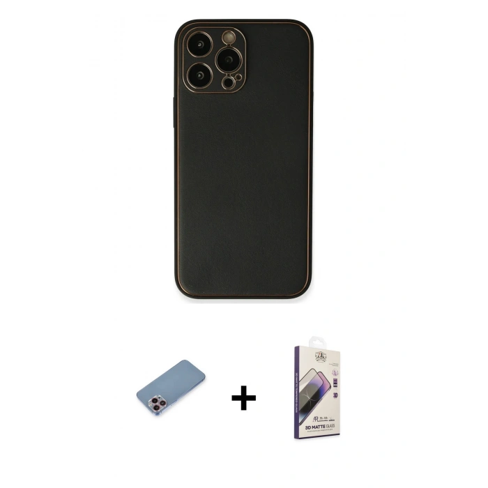 MARSİLYAN™- iPhone 13 Pro Max Kılıf Yadigar Klasik - Siyah Bilvis 3D Mat Cam Ekran Koruyucu + Shine Kamera Lens Koruma Cam - PE