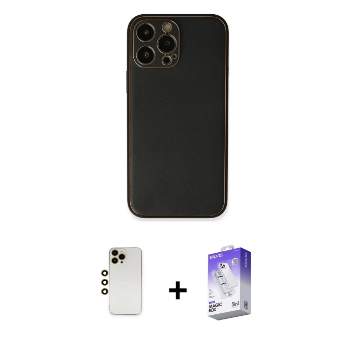 MARSİLYAN™- iPhone 13 Pro Max Kılıf Yadigar Klasik - Siyah Bilvis 5in1 3D Magic Cam Ekran Koruyucu + Gold Shine Kamera Lens