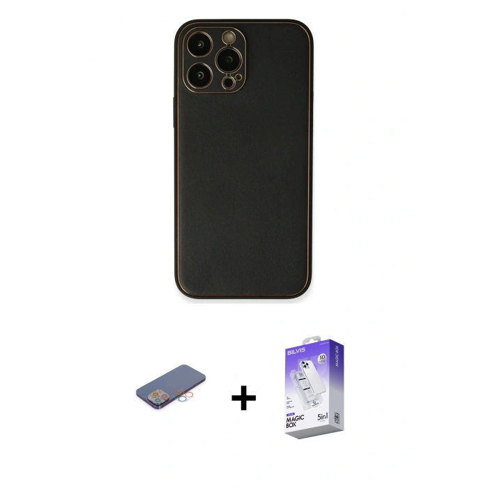 MARSİLYAN™- iPhone 13 Pro Max Kılıf Yadigar Klasik - Siyah Bilvis 5in1 3D Magic Cam Ekran Koruyucu + Pembe Renkli Kamera Lens Koruma Cam