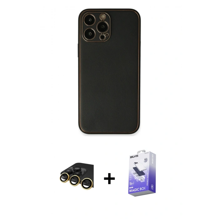 MARSİLYAN™- iPhone 13 Pro Max Kılıf Yadigar Klasik - Siyah Bilvis 5in1 5D Magic Hayalet Cam Ekran Koruyucu + Raze Metal Kamera Lens - GD