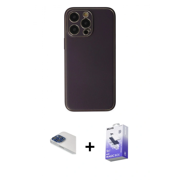 MARSİLYAN™- iPhone 13 Pro Max Kılıf Yadigar Klasik - Siyah Bilvis 5in1 5D Magic Hayalet Cam Ekran Koruyucu + Lacivert Pers Alüminyum Kamera Lens
