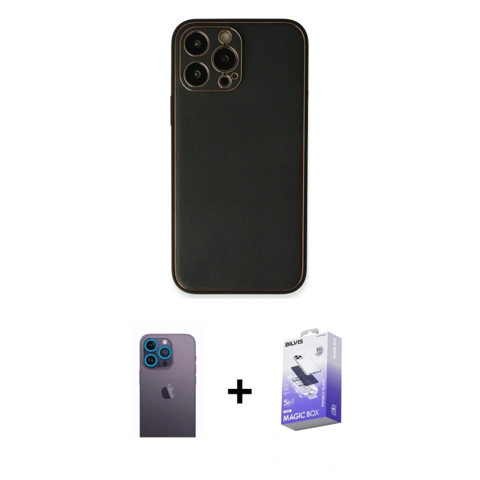 MARSİLYAN™- iPhone 13 Pro Max Kılıf Yadigar Klasik - Siyah Bilvis 5in1 5D Magic Hayalet Cam Ekran Koruyucu + Neon Fosforlu Kamera Lens - MI