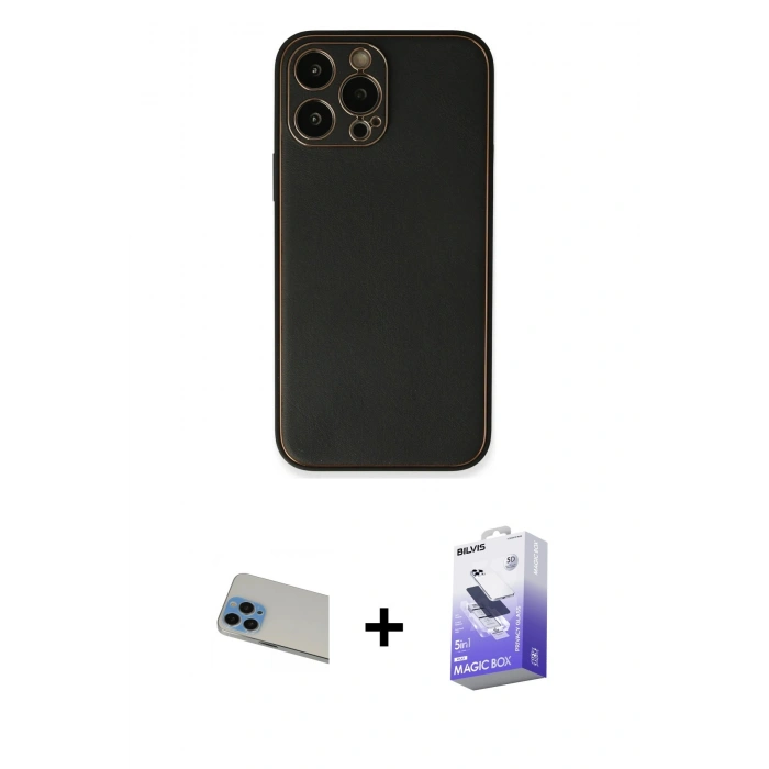 MARSİLYAN™- iPhone 13 Pro Max Kılıf Yadigar Klasik - Siyah Bilvis 5in1 5D Magic Hayalet Cam Ekran Koruyucu + Rainbow Kamera Lens Koruma Cam - MI