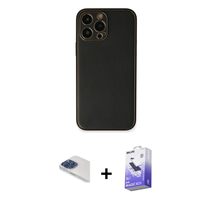 MARSİLYAN™- iPhone 13 Pro Max Kılıf Yadigar Klasik - Siyah Bilvis 5in1 5D Magic Hayalet Cam Ekran Koruyucu + Lacivert Pers Alüminyum Kamera Lens