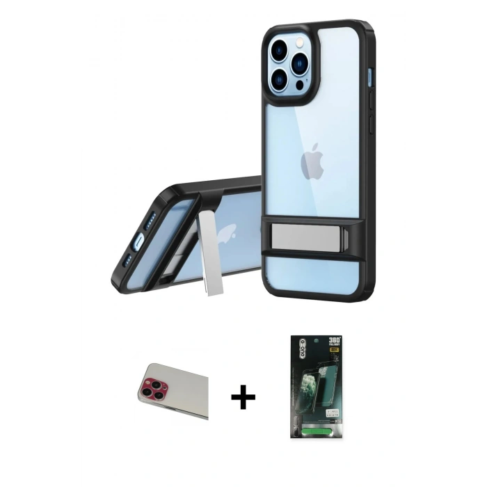 MARSİLYAN™- iPhone 13 Pro Max Kılıf Yadigar Yansıma - Şeffaf 360 Full Body Arka Koruyucu + Rainbow Kamera Lens Koruma Cam - KI