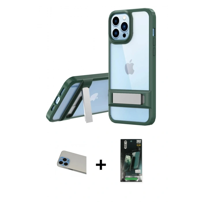 MARSİLYAN™- iPhone 13 Pro Max Kılıf Yadigar Yansıma - Şeffaf 360 Full Body Arka Koruyucu + Mavi Rainbow Kamera Lens Koruma Cam
