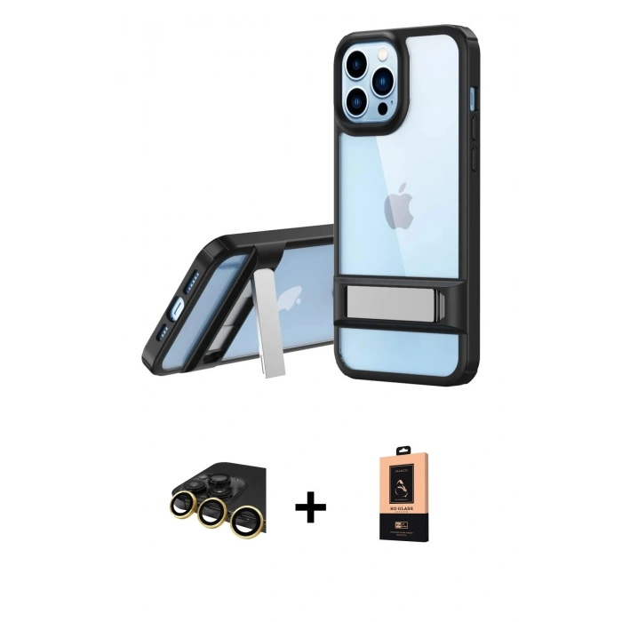 MARSİLYAN™- iPhone 13 Pro Max Kılıf Yadigar Yansıma - Şeffaf Maxco Cam Ekran Koruyucu + Raze Metal Kamera Lens - GD