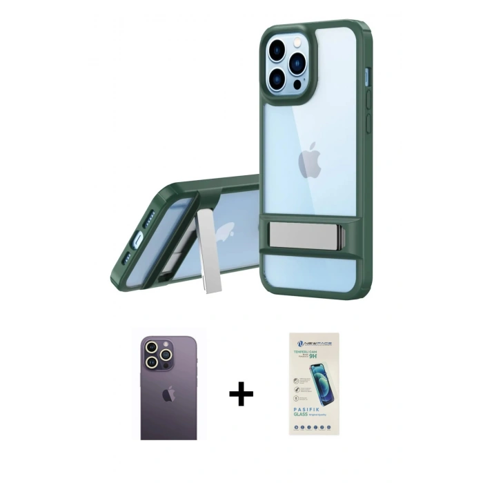 MARSİLYAN™- iPhone 13 Pro Max Kılıf Yadigar Yansıma - Şeffaf Pasifik Cam Ekran Koruyucu + Neon Fosforlu Kamera Lens - BZ