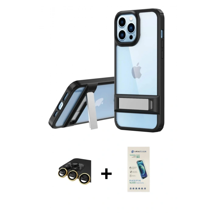 MARSİLYAN™- iPhone 13 Pro Max Kılıf Yadigar Yansıma - Şeffaf Pasifik Cam Ekran Koruyucu + Raze Metal Kamera Lens - GD