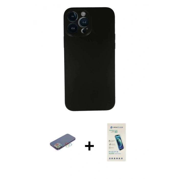 MARSİLYAN™- iPhone 13 Pro Max Kılıf Yadigar Yansıma Serisi - Şeffaf Pasifik Cam Ekran Koruyucu + Mavi Renkli Kamera Lens Koruma Cam