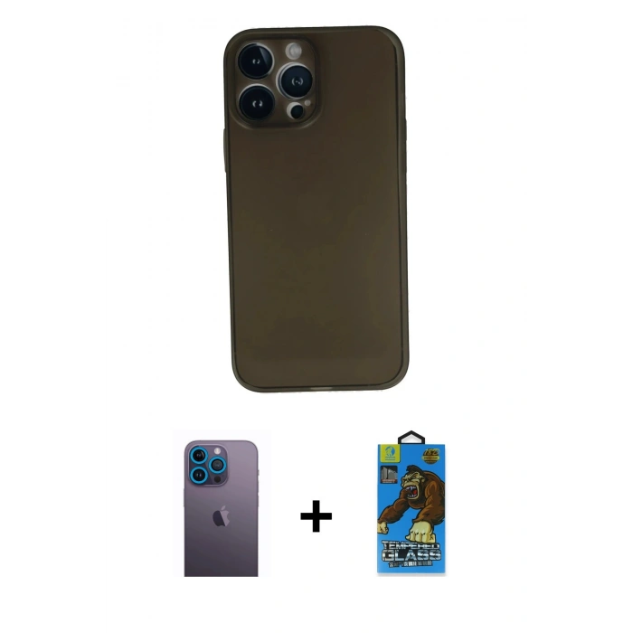 MARSİLYAN™- iPhone 13 Pro Max Kılıf Yadigar Yansıma Serisi - Siyah 18D Cam Ekran Koruyucu + Mavi Neon Fosforlu Kamera Lens