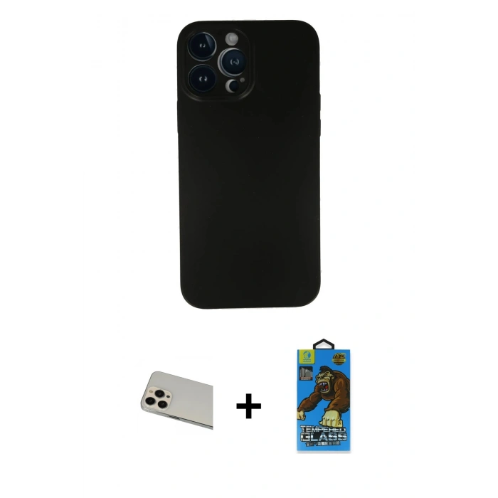 MARSİLYAN™- iPhone 13 Pro Max Kılıf Yadigar Yansıma Serisi - Siyah 18D Cam Ekran Koruyucu + Rose Gold Rainbow Kamera Lens Koruma Cam