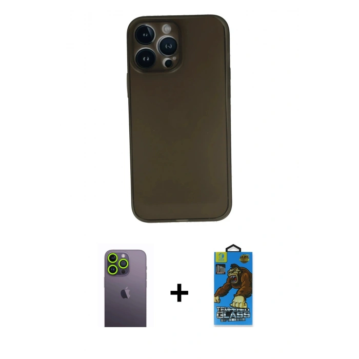 MARSİLYAN™- iPhone 13 Pro Max Kılıf Yadigar Yansıma Serisi - Siyah 18D Cam Ekran Koruyucu + Neon Fosforlu Kamera Lens - YL