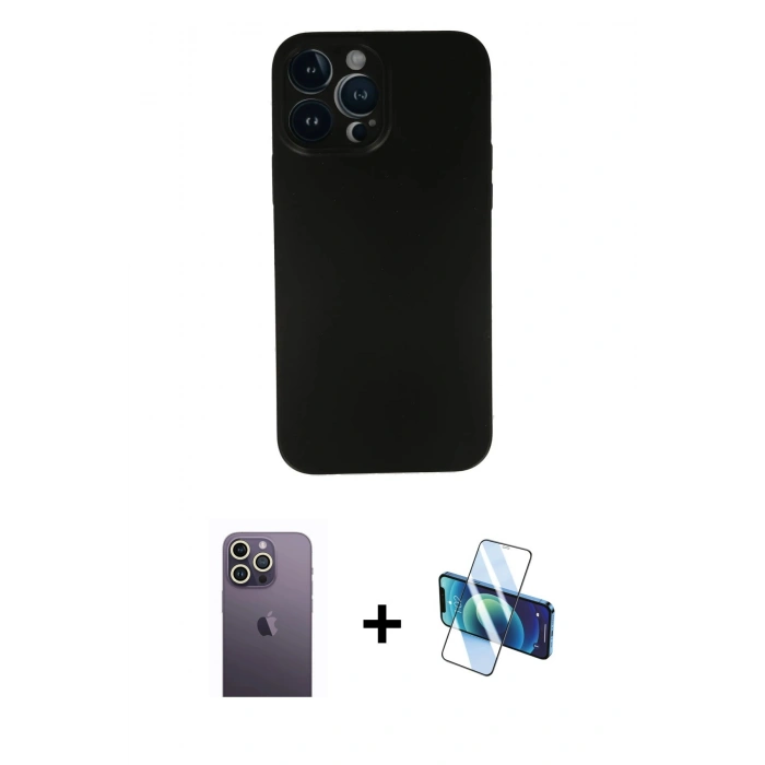 MARSİLYAN™- iPhone 13 Pro Max Kılıf Yadigar Yansıma Serisi - Siyah 3D Antistatik Cam Ekran Koruyucu + Neon Fosforlu Kamera Lens - BZ
