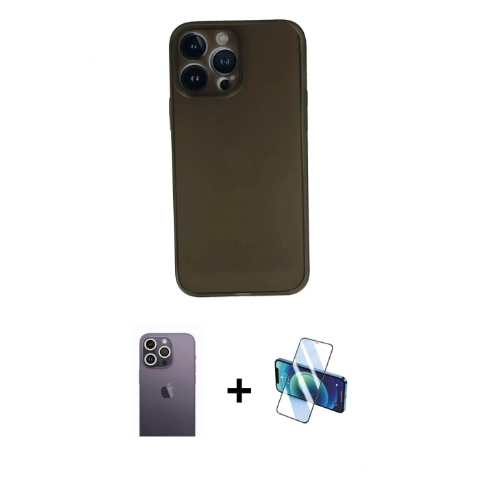 MARSİLYAN™- iPhone 13 Pro Max Kılıf Yadigar Yansıma Serisi - Siyah 3D Antistatik Cam Ekran Koruyucu + Neon Fosforlu Kamera Lens - BZ