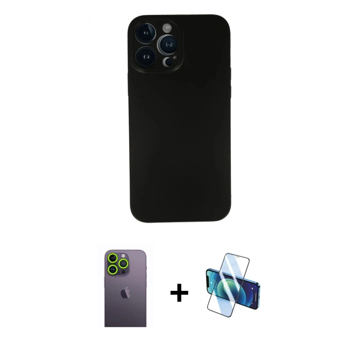 MARSİLYAN™- iPhone 13 Pro Max Kılıf Yadigar Yansıma Serisi - Siyah 3D Antistatik Cam Ekran Koruyucu + Neon Fosforlu Kamera Lens - YL