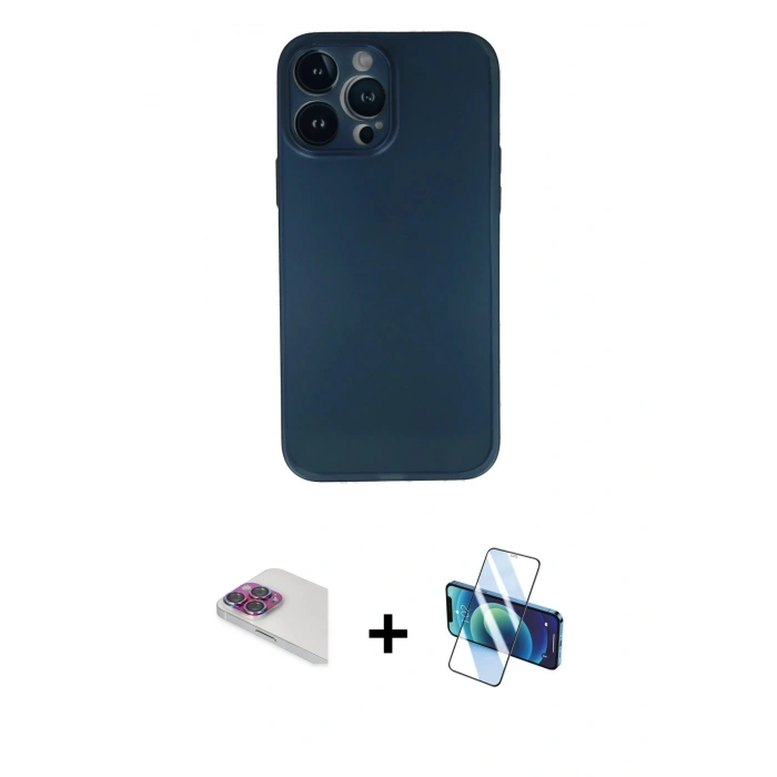 MARSİLYAN™- iPhone 13 Pro Max Kılıf Yadigar Yansıma Serisi - Siyah 3D Antistatik Cam Ekran Koruyucu + Pers Alüminyum Kamera Lens - GI