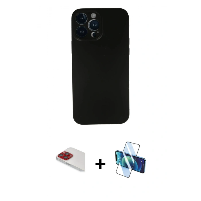 MARSİLYAN™- iPhone 13 Pro Max Kılıf Yadigar Yansıma Serisi - Siyah 3D Antistatik Cam Ekran Koruyucu + Pers Alüminyum Kamera Lens - KI