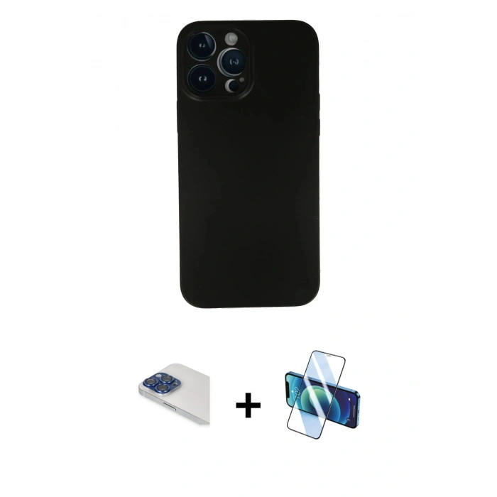 MARSİLYAN™- iPhone 13 Pro Max Kılıf Yadigar Yansıma Serisi - Siyah 3D Antistatik Cam Ekran Koruyucu + Pers Alüminyum Kamera Lens - LT