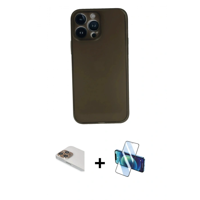 MARSİLYAN™- iPhone 13 Pro Max Kılıf Yadigar Yansıma Serisi - Siyah 3D Antistatik Cam Ekran Koruyucu + Pers Alüminyum Kamera Lens - GD