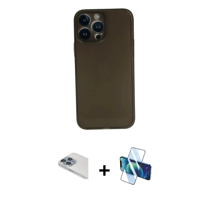 MARSİLYAN™- iPhone 13 Pro Max Kılıf Yadigar Yansıma Serisi - Siyah 3D Antistatik Cam Ekran Koruyucu + Pers Alüminyum Kamera Lens - SABE
