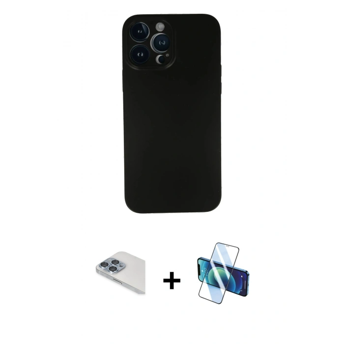 MARSİLYAN™- iPhone 13 Pro Max Kılıf Yadigar Yansıma Serisi - Siyah 3D Antistatik Cam Ekran Koruyucu + Pers Alüminyum Kamera Lens - SABE