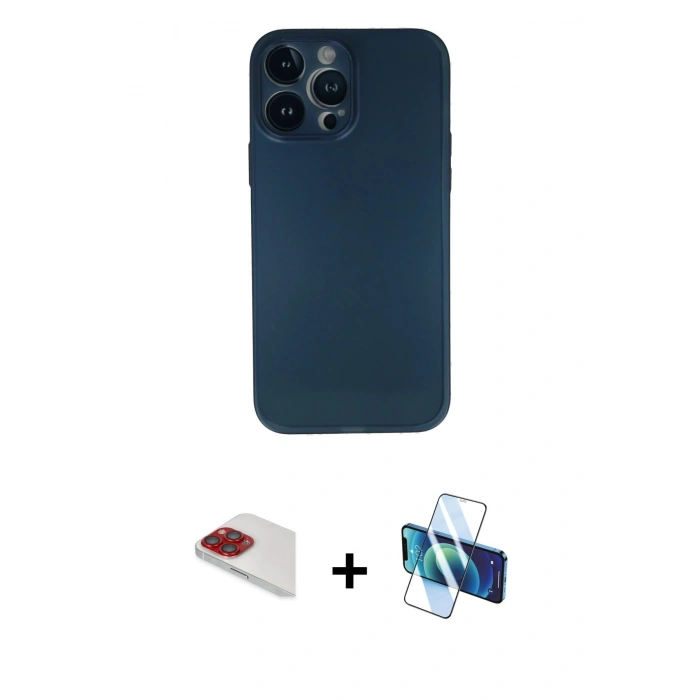 MARSİLYAN™- iPhone 13 Pro Max Kılıf Yadigar Yansıma Serisi - Siyah 3D Antistatik Cam Ekran Koruyucu + Pers Alüminyum Kamera Lens - KI