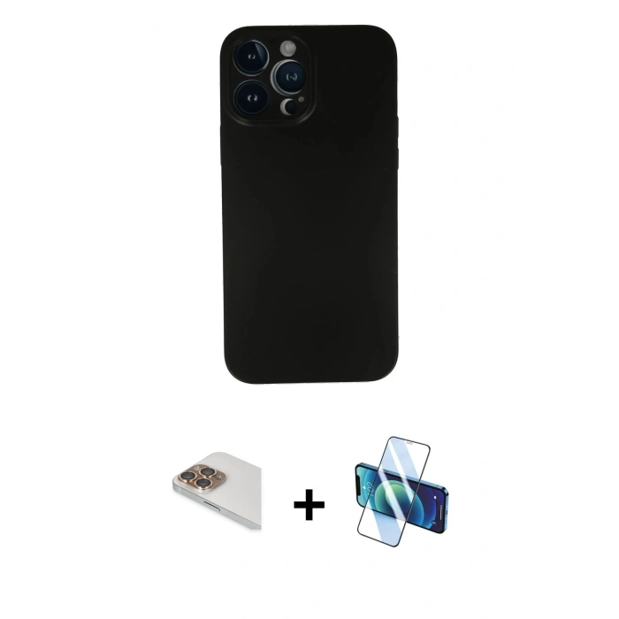 MARSİLYAN™- iPhone 13 Pro Max Kılıf Yadigar Yansıma Serisi - Siyah 3D Antistatik Cam Ekran Koruyucu + Pers Alüminyum Kamera Lens - GD