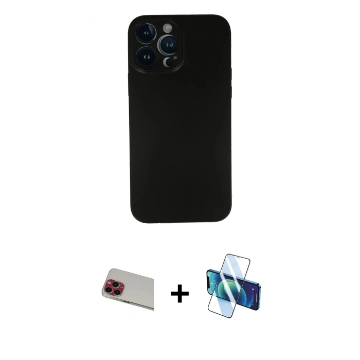 MARSİLYAN™- iPhone 13 Pro Max Kılıf Yadigar Yansıma Serisi - Siyah 3D Antistatik Cam Ekran Koruyucu + Rainbow Kamera Lens Koruma Cam - KI