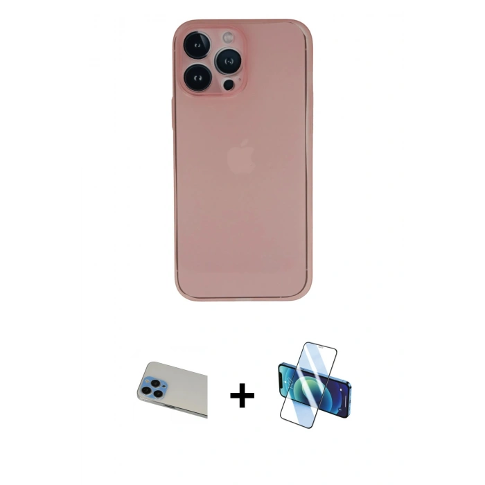 MARSİLYAN™- iPhone 13 Pro Max Kılıf Yadigar Yansıma Serisi - Siyah 3D Antistatik Cam Ekran Koruyucu + Rainbow Kamera Lens Koruma Cam - MI