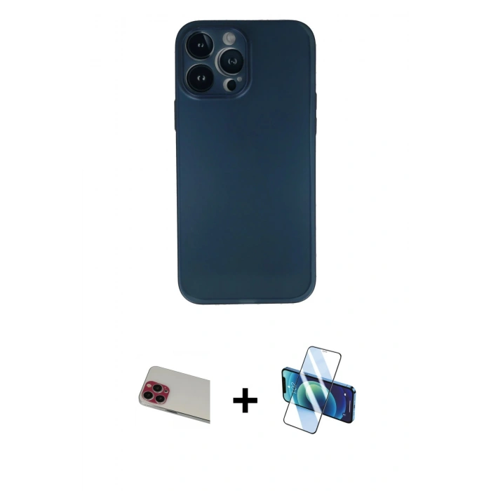 MARSİLYAN™- iPhone 13 Pro Max Kılıf Yadigar Yansıma Serisi - Siyah 3D Antistatik Cam Ekran Koruyucu + Rainbow Kamera Lens Koruma Cam - KI