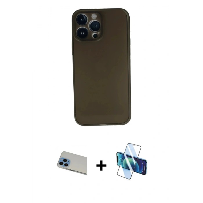 MARSİLYAN™- iPhone 13 Pro Max Kılıf Yadigar Yansıma Serisi - Siyah 3D Antistatik Cam Ekran Koruyucu + Rainbow Kamera Lens Koruma Cam - MI
