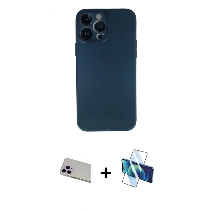 MARSİLYAN™- iPhone 13 Pro Max Kılıf Yadigar Yansıma Serisi - Siyah 3D Antistatik Cam Ekran Koruyucu + Rainbow Kamera Lens Koruma Cam - MR