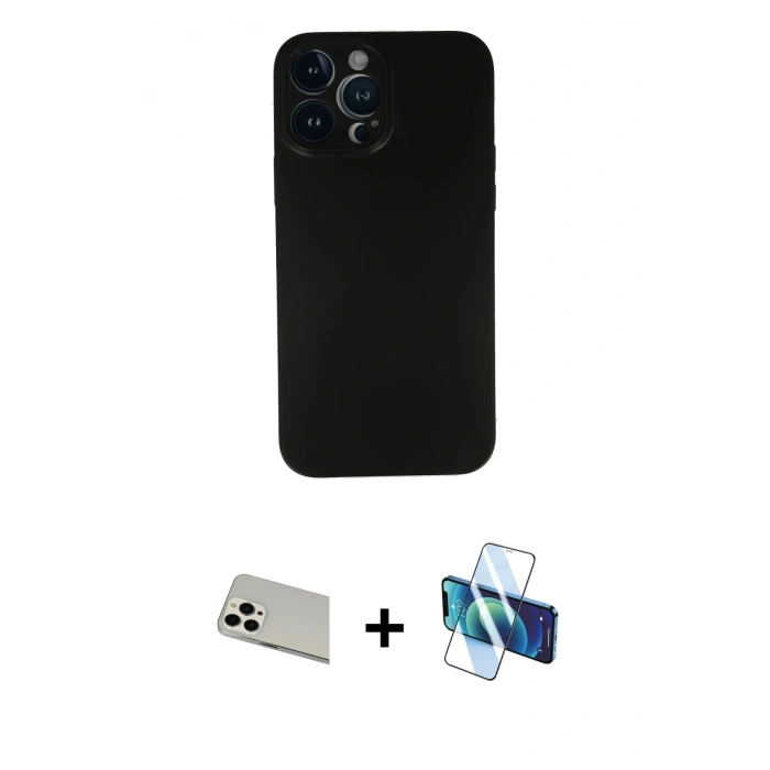 MARSİLYAN™- iPhone 13 Pro Max Kılıf Yadigar Yansıma Serisi - Siyah 3D Antistatik Cam Ekran Koruyucu + Rainbow Kamera Lens Koruma Cam - BZ