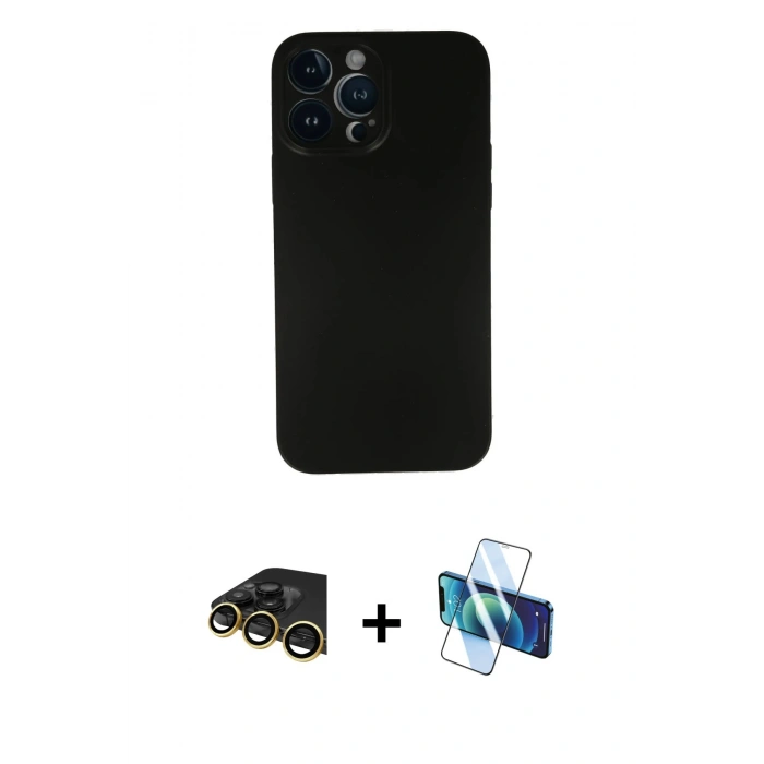 MARSİLYAN™- iPhone 13 Pro Max Kılıf Yadigar Yansıma Serisi - Siyah 3D Antistatik Cam Ekran Koruyucu + Raze Metal Kamera Lens - GD