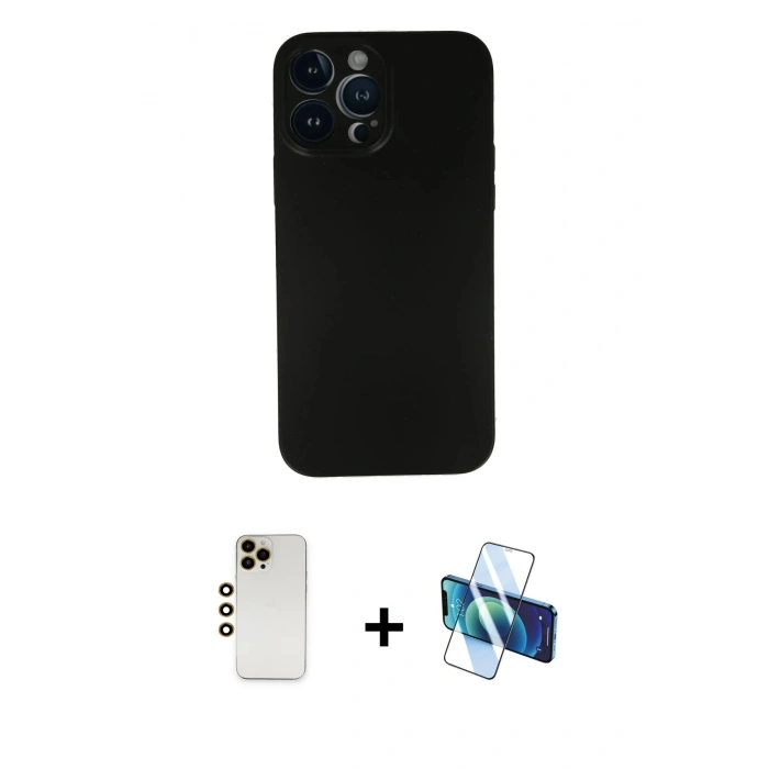 MARSİLYAN™- iPhone 13 Pro Max Kılıf Yadigar Yansıma Serisi - Siyah 3D Antistatik Cam Ekran Koruyucu + Shine Kamera Lens - GD