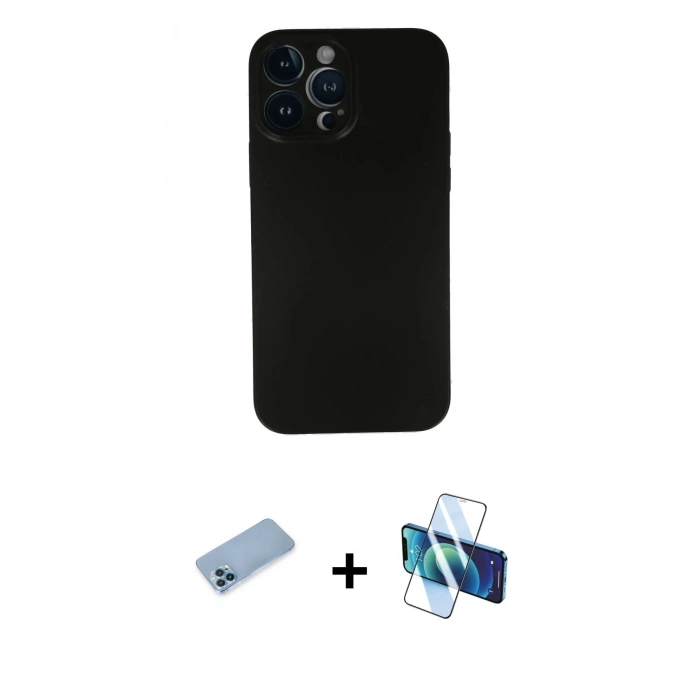 MARSİLYAN™- iPhone 13 Pro Max Kılıf Yadigar Yansıma Serisi - Siyah 3D Antistatik Cam Ekran Koruyucu + Shine Kamera Lens Koruma Cam - MI