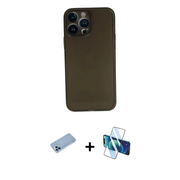 MARSİLYAN™- iPhone 13 Pro Max Kılıf Yadigar Yansıma Serisi - Siyah 3D Antistatik Cam Ekran Koruyucu + Shine Kamera Lens Koruma Cam - MI