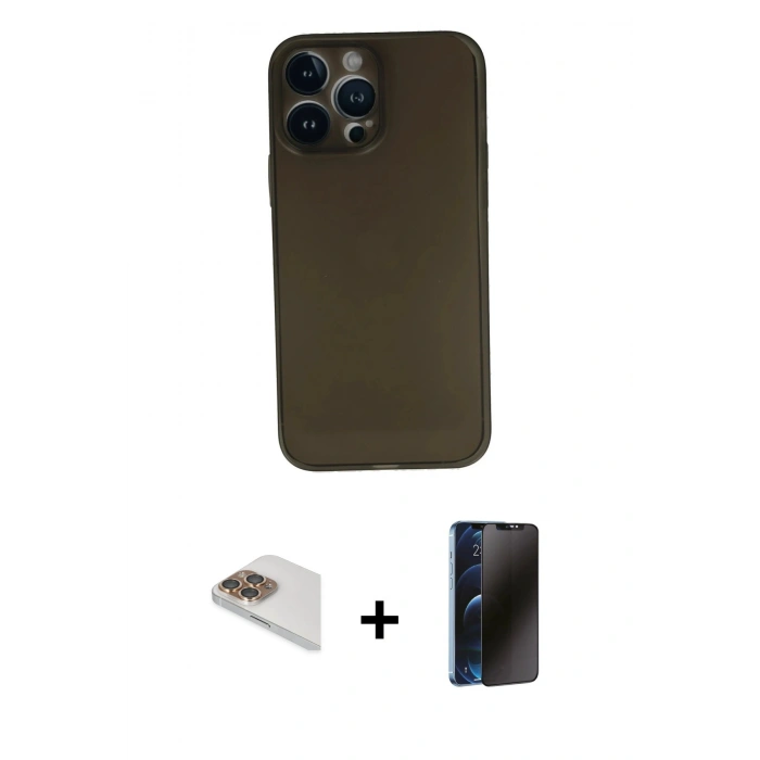 MARSİLYAN™- iPhone 13 Pro Max Kılıf Yadigar Yansıma Serisi - Siyah 3D Antistatik Hayalet Cam Ekran Koruyucu + Pers Alüminyum Kamera Lens - GD