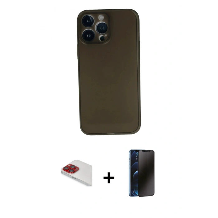 MARSİLYAN™- iPhone 13 Pro Max Kılıf Yadigar Yansıma Serisi - Siyah 3D Antistatik Hayalet Cam Ekran Koruyucu + Pers Alüminyum Kamera Lens - KI
